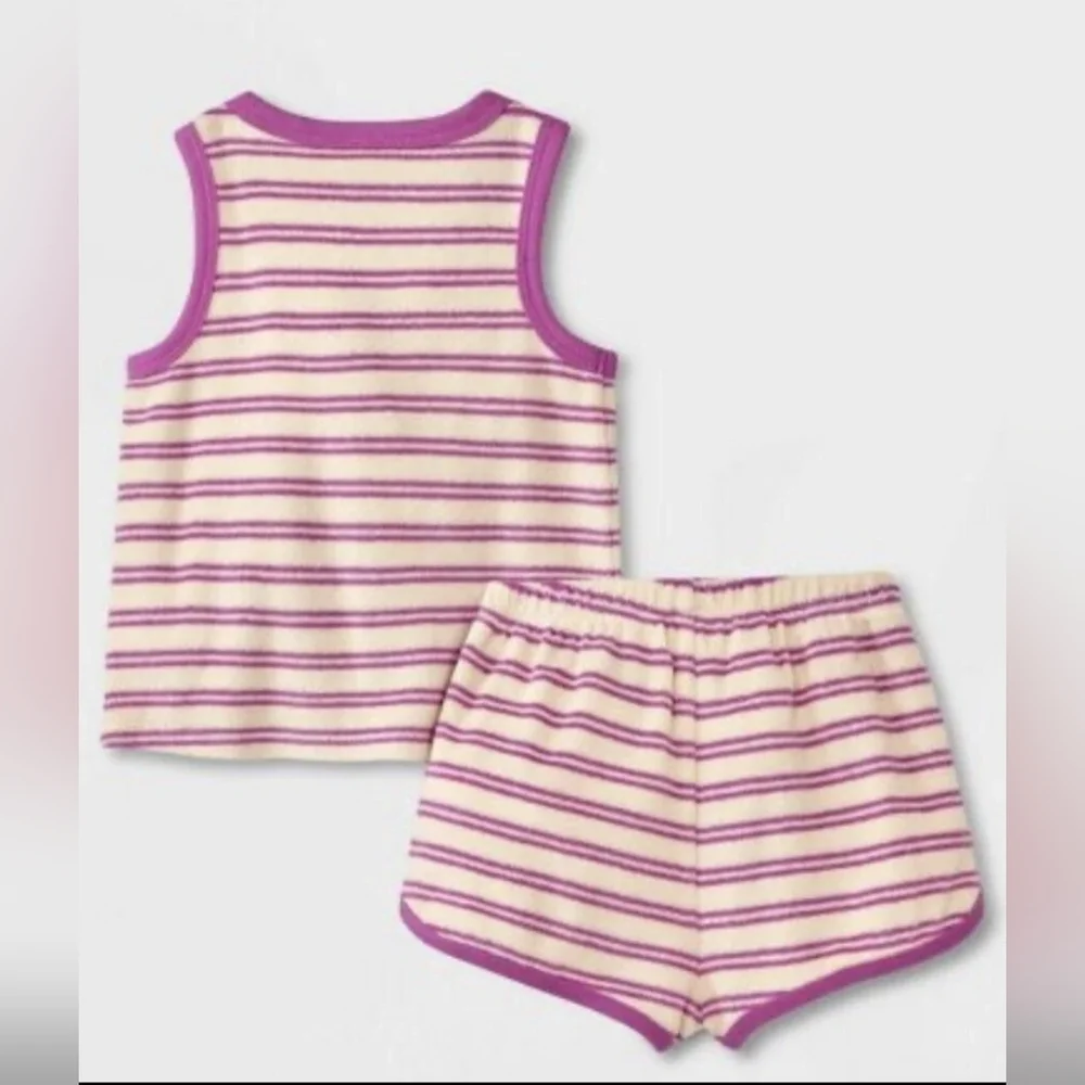 Cat & Jack Baby Girl 2pc Terry Tank Top & Shorts Set Purple & Cream Striped NWOT